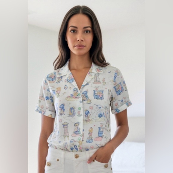 No Brand Tops - UNBRANDED Vintage 70s Blue S/S Wide Collar Holly Hobby Like Rockabilly Shirt M